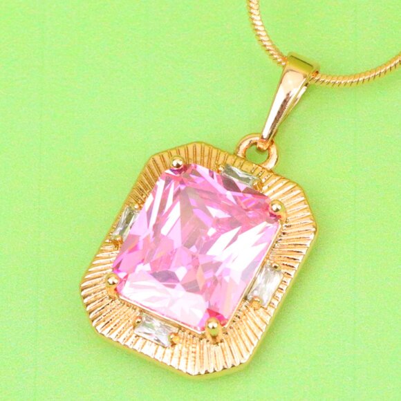 "Pink Sparkling Pendant with Gold Frame and Baguette Accents, XPPT1788 - Picture 1 of 11